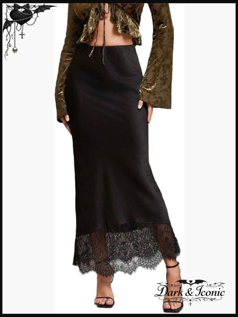 Satin Lace Trim Maxi Skirt High Waist A-Line Polyester Blend Skinny Fit